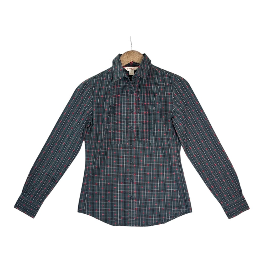 Brooks Brothers Womens Christmas Shirt 2 Green Plaid Swiss Dot Long Sleeve